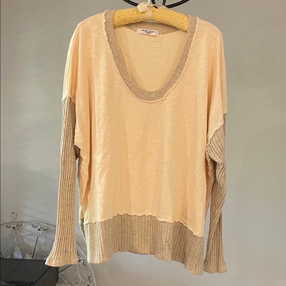 Project Social Women's Cream and Tan Cotton Relaxed Fit Drop Shoulders Top